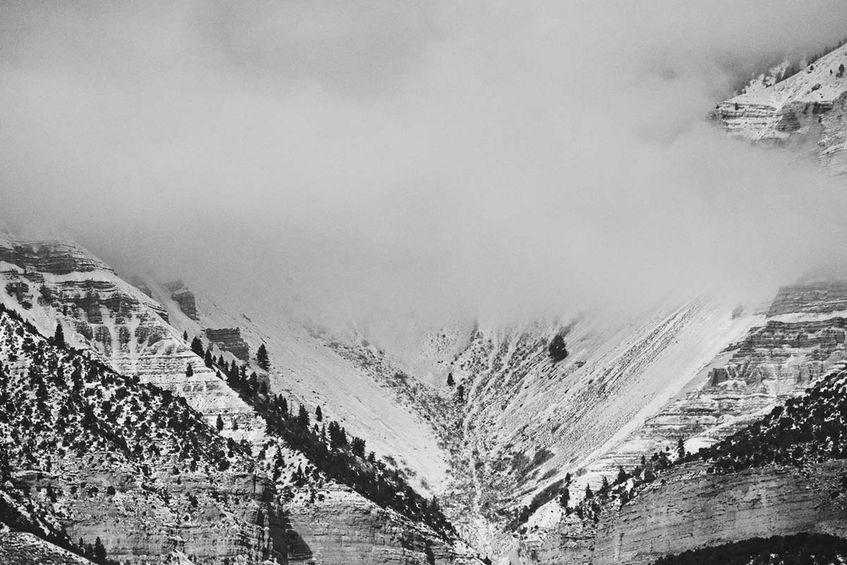 Black and white photograph of a winter landscape