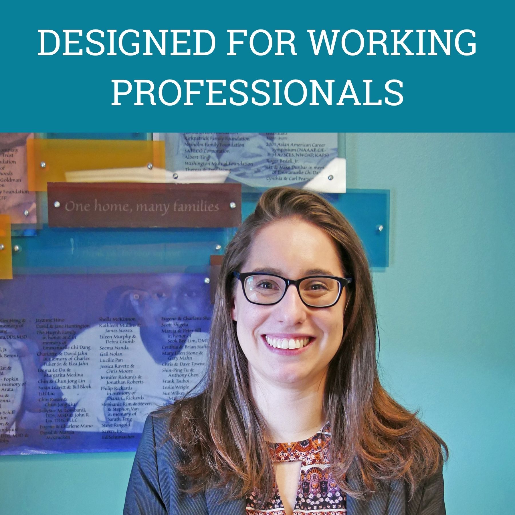 Photo of Zoey Ferenczy with text Designed for working professionals