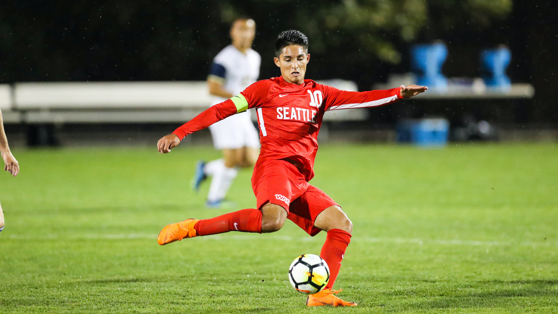 Sergio Rivas getting ready to kick a soccerball. 