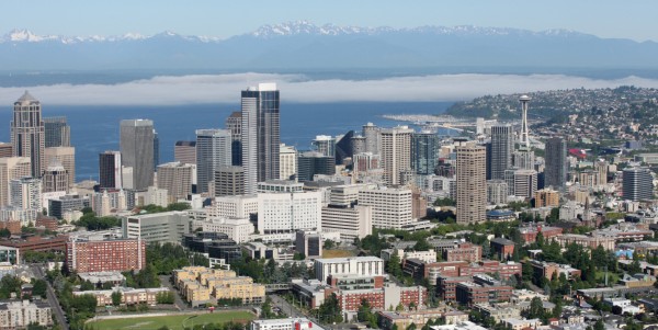 View of Seattle downtown toward Olympic mountains