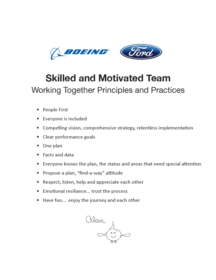 Skilled and Motivated Team: Working together principles and practices; people first, everyone is included, compelling vision, comprehensive strategy, relentless implementation, clear performance goals, one plan, facts and data, everyone knows the plan, the status and areas that need special attention, propose a plan, 