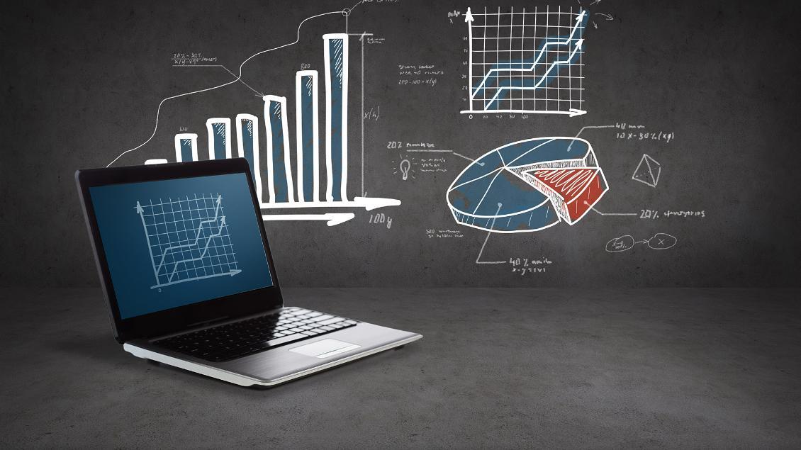 Laptop, bar graphs, pie charts, and line graphs