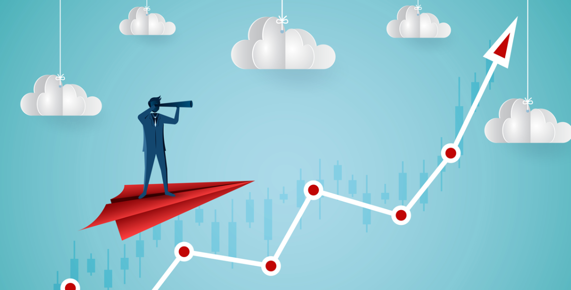 A cartoon of a person looking through binoculars on a paper airplane over a line graph