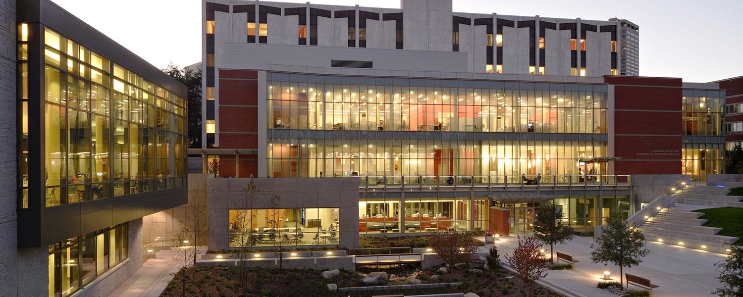 Exterior of Lemeiux library in the evening