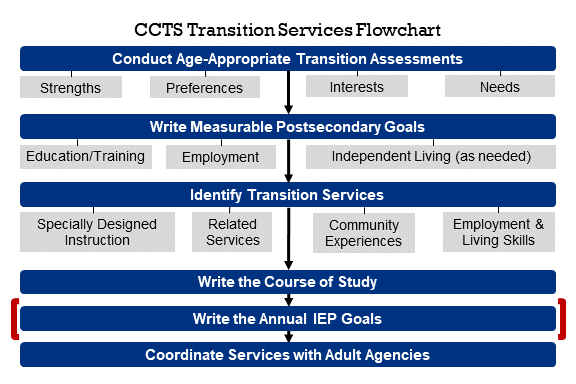 Transition Services Flowchart with Write the Annual IEP Goals hjghlighted 