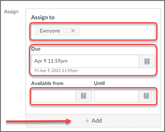 Screenshot of how to add due date available from and until dates to a Canvas assignment