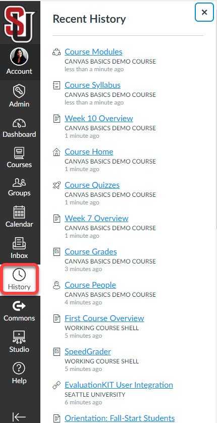 Screenshot of the Recent History button in Canvas Global Navigation menu