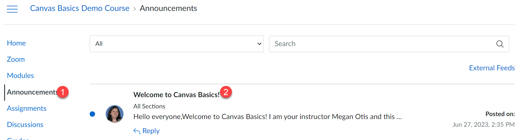 Screenshot of Canvas Announcements