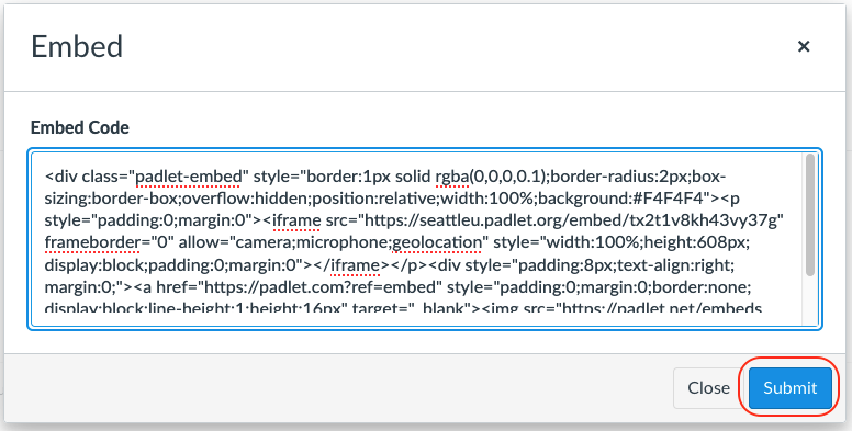 Screenshot of where to paste Padlet embed code in Canvas using new RCE
