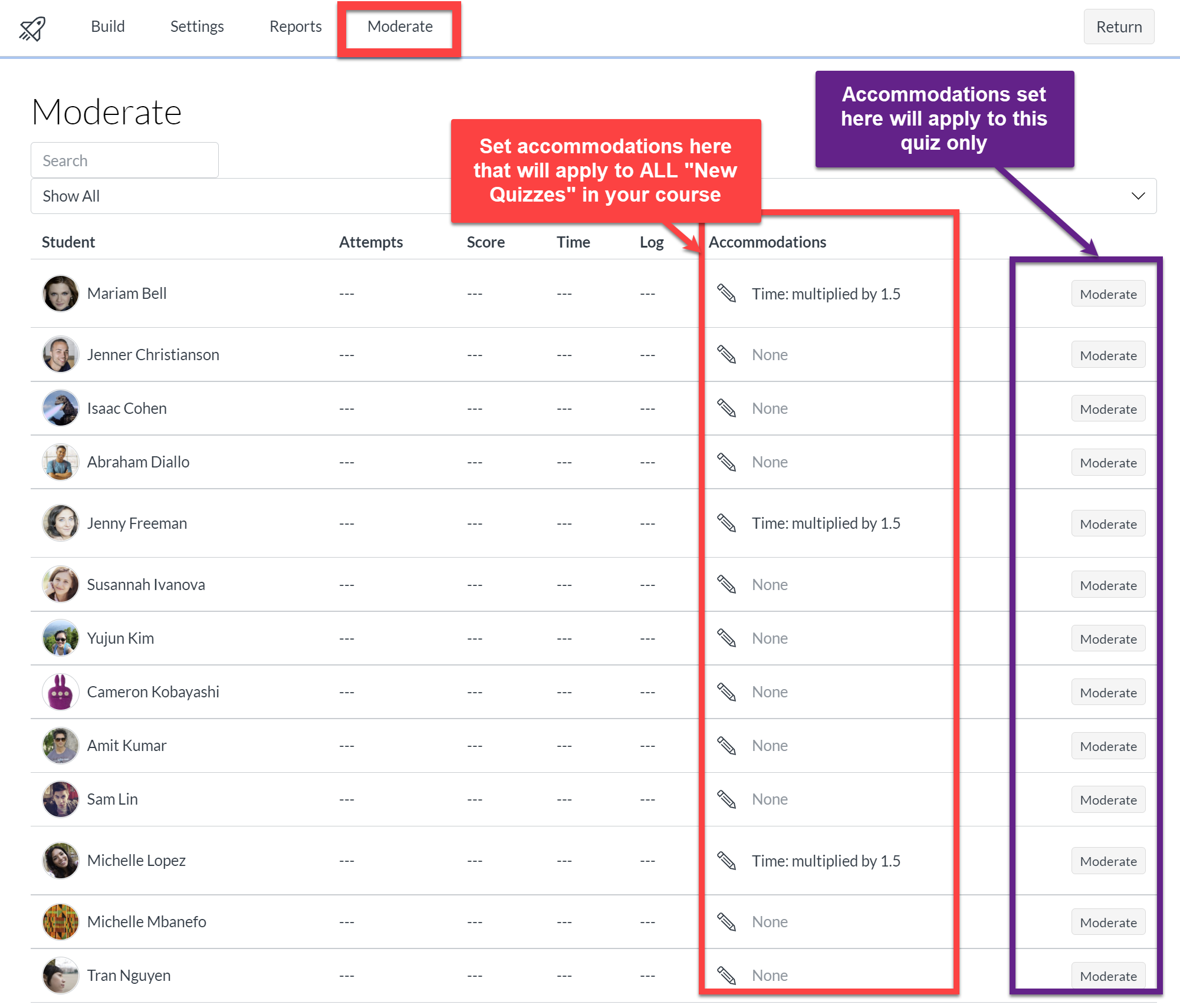 How to set accommodations for exams in the Moderate menu in New Quizzes