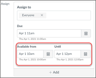 Screenshot showing Available from and Until fields to accommodate added exam time