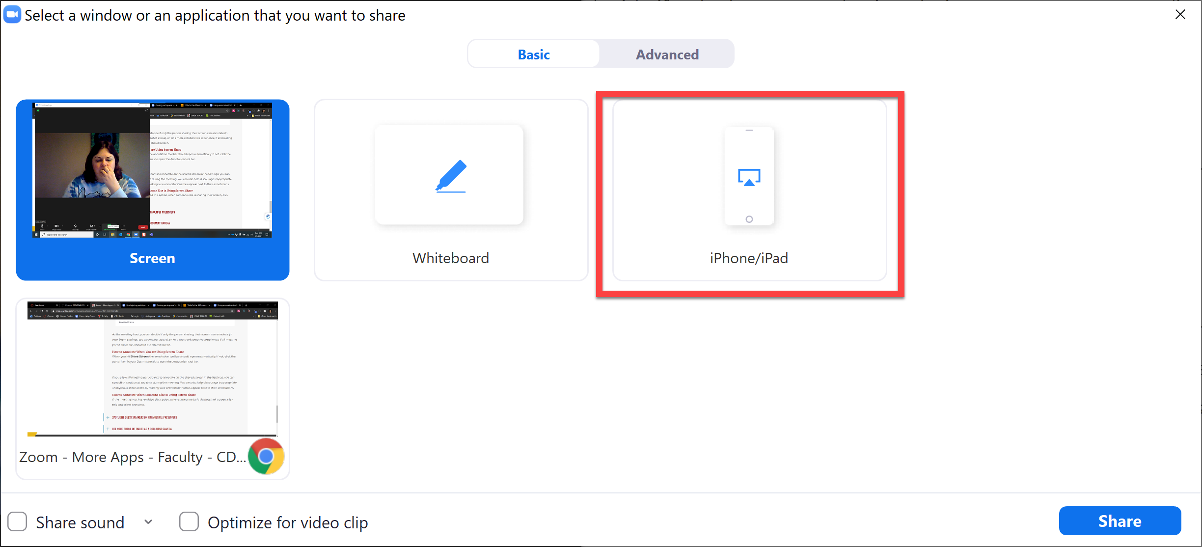 Screenshot of how to share iphone or ipad screen on Zoom