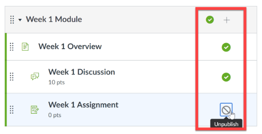 How to unpublish module items by clicking green circle with checkmark next to it