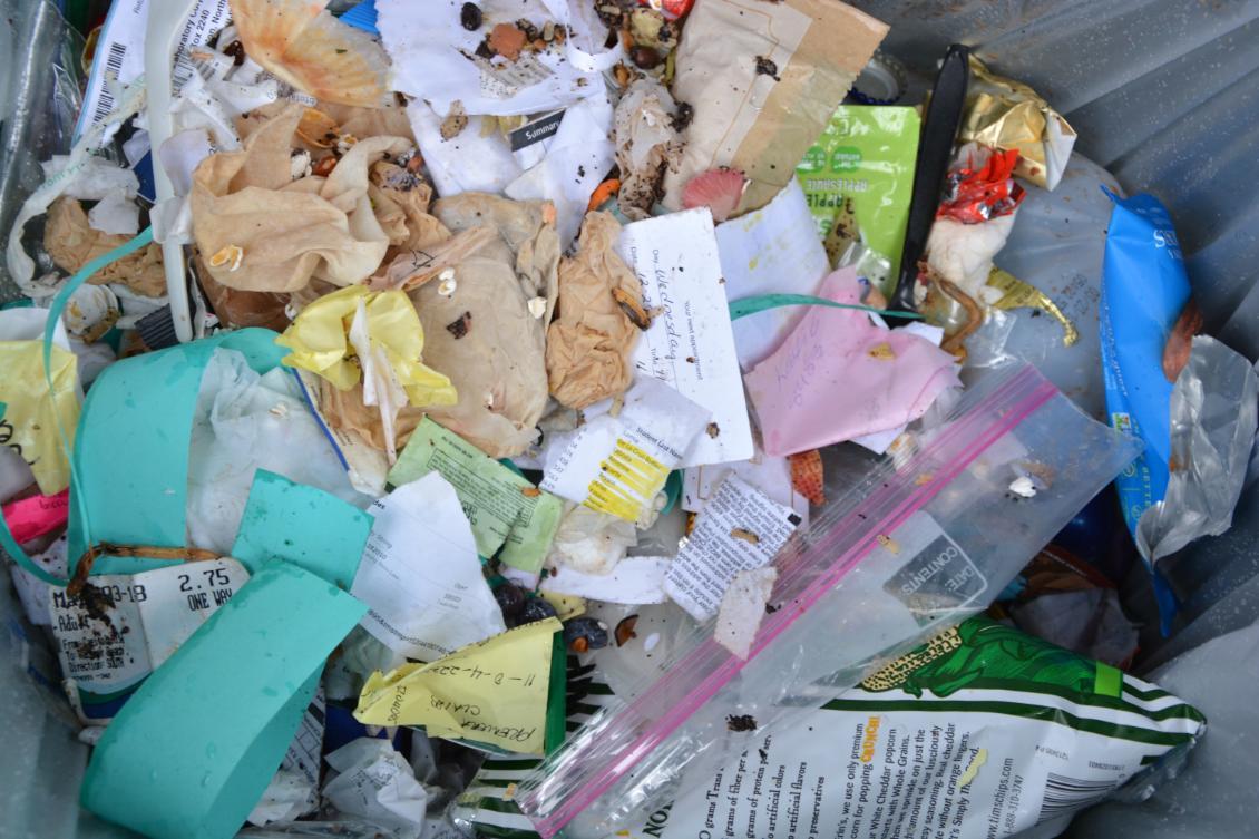 This photo shows a mix of compost, recycling and trash that needs to be sorted.