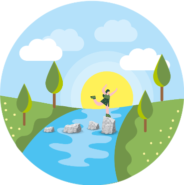 cartoon character crossing a river on stepping stones