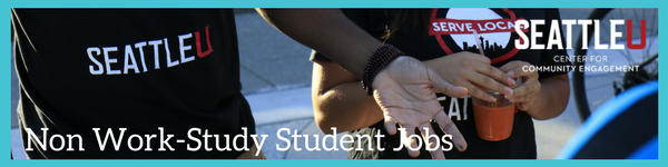 non work -study jobs: Two students in serve local t-shirts on a blue background