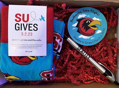 Photo of SU branded socks, sticker and pen