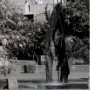 Black and white photo of the fountain in the Seattle U quad