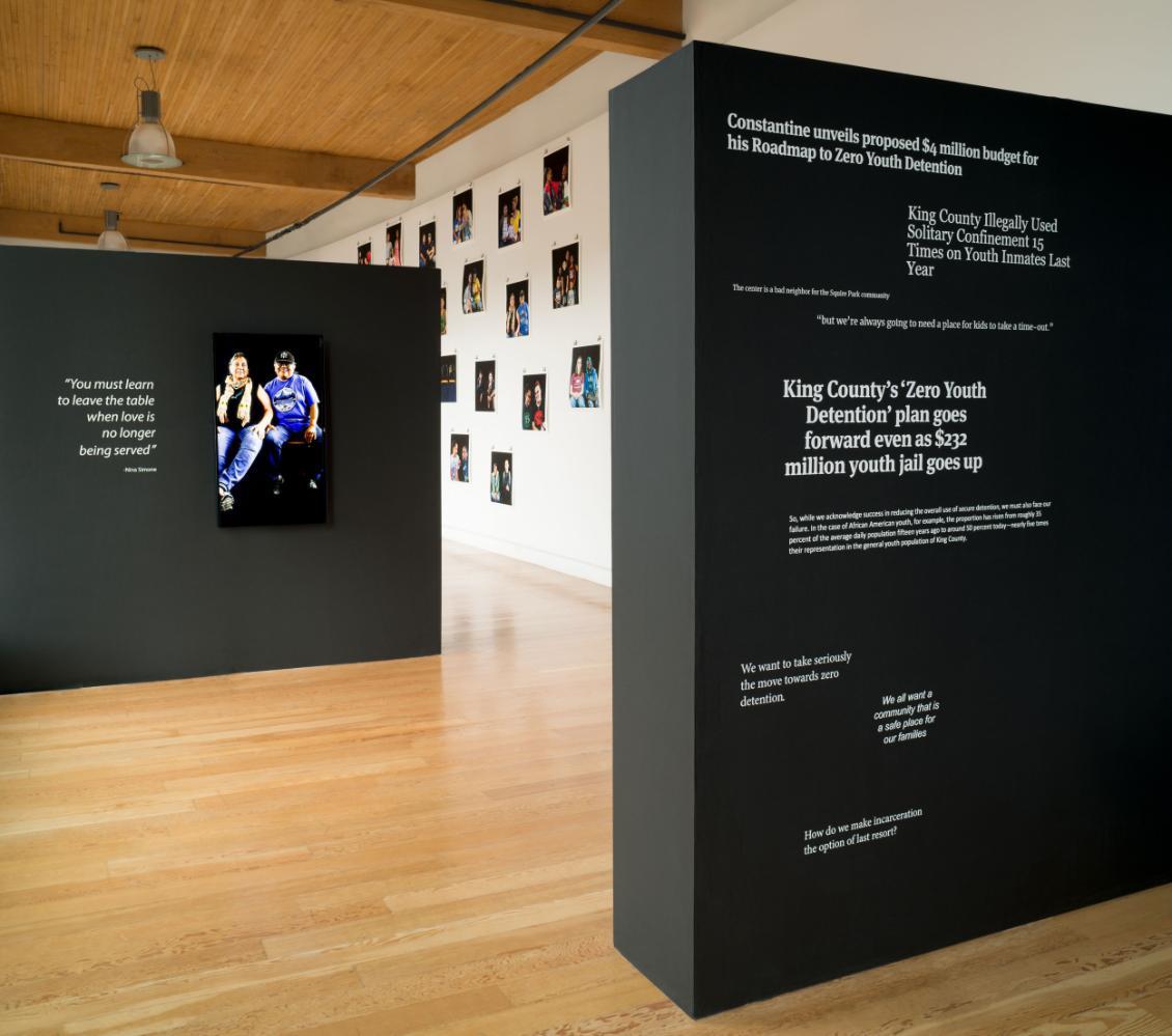 entrance to the Hedreen Gallery with the Title Wall of Creative Justice's exhibition