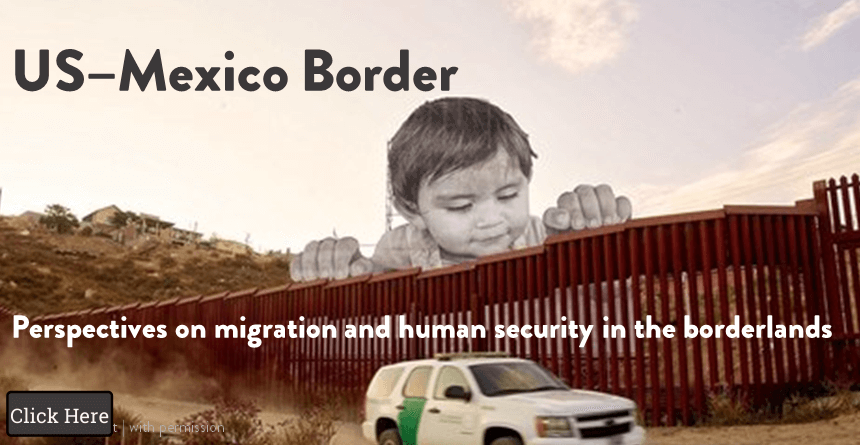 US Mexico Border title on background of child looking over border wall