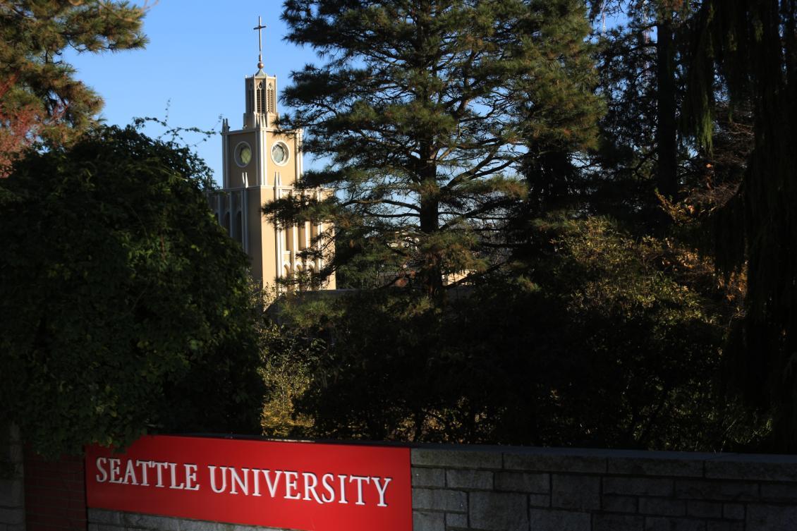 Seattle University Sign illuminated at night