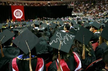 Graduation cap showing Seattle skyline at Seattle U commencement