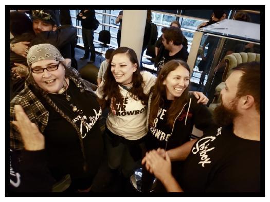 Four long-time Showbox employees celebrate the Landmark designation. Photo credit: Kim Doyel.