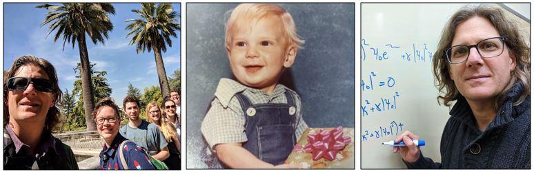 Three images of Professor John Carter over the years, with students on a Chile trip, as a little boy, and working on a math problem.