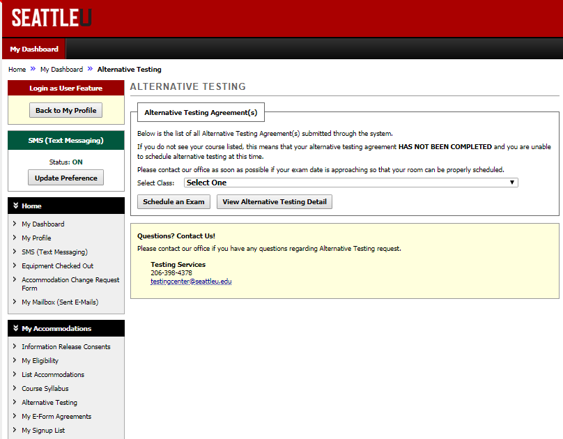 Screenshot of Alternative Testing Page in myDS that allows you to see the Alternative Testing Agreeements submitted for each class. The screen displays a drop down menu where you can pick what class you would like the schedule an exam or view alternative testing details for.