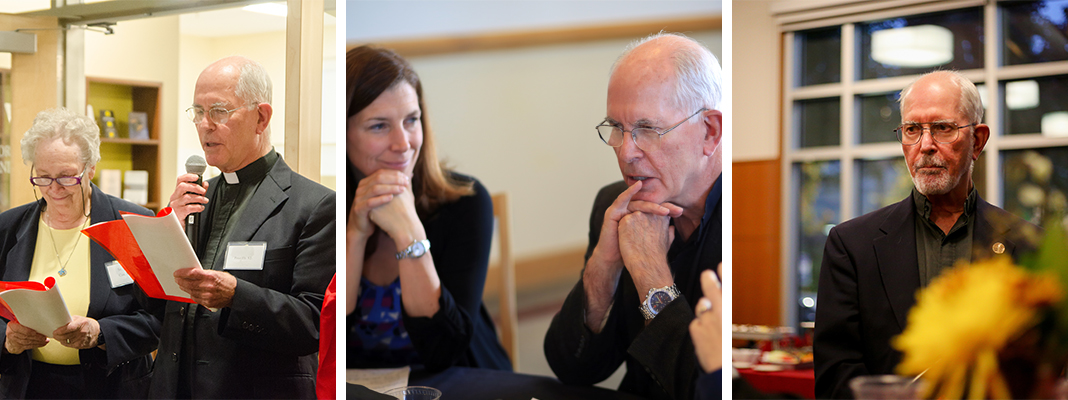 Left: Fr. Ely and a community member reading a text; Middle: Jen Tilghman-Havens and Fr. Ely deep in contemplation; Right: Fr. Ely standing