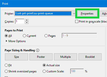 Acrobat Print Properties Dialogue Box