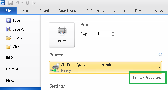 Word Print Properties Dialogue Box