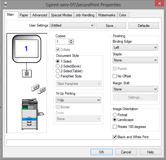 Print Properties Dialogue Box