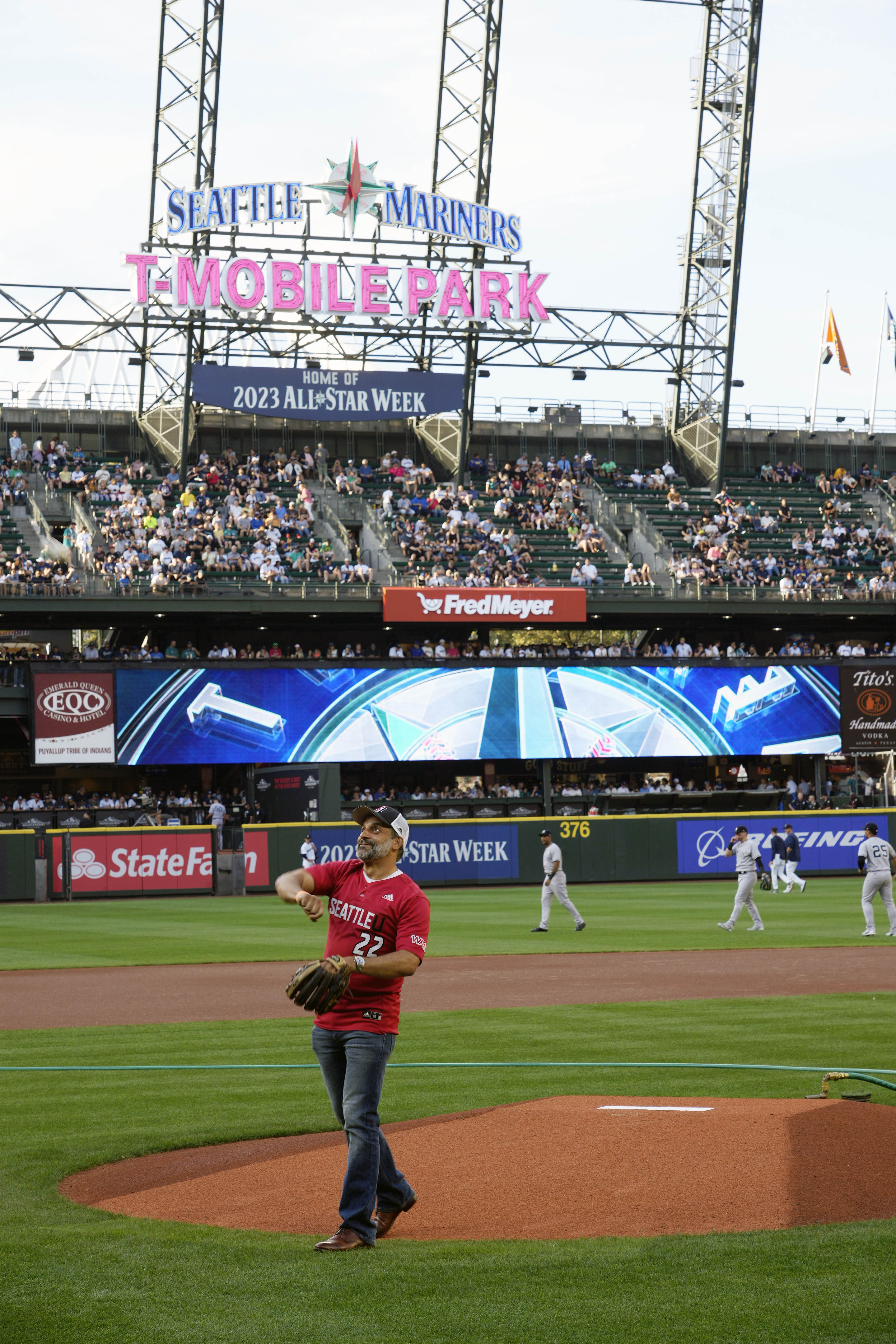 President Eduardo Peñalver on the mound at the Seattle Mariners game at T-Mobile Park.