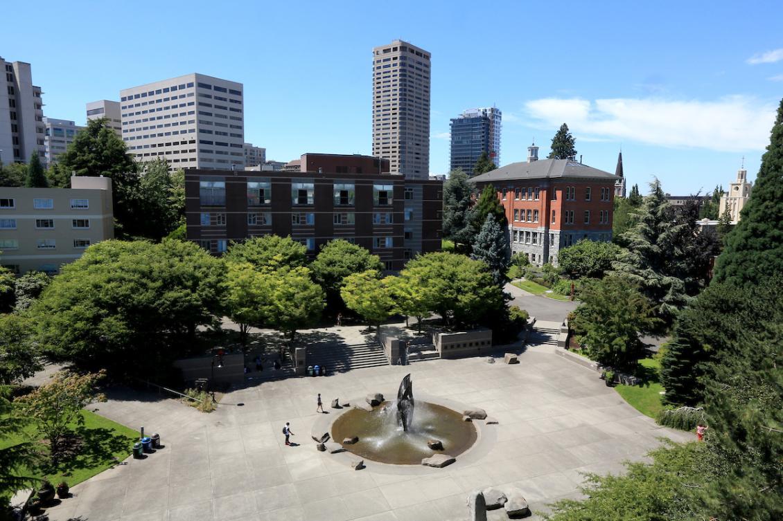 General campus shot with fountain in middle