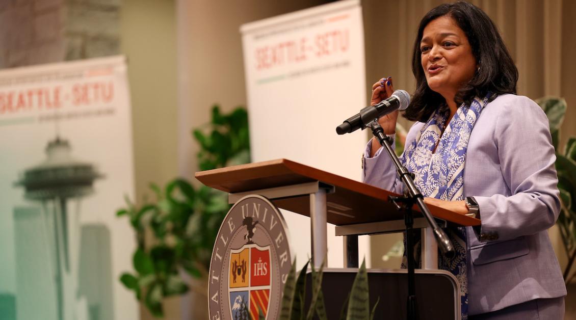 Rep. Pramila Jayapal on stage at the Seattle Setu conference