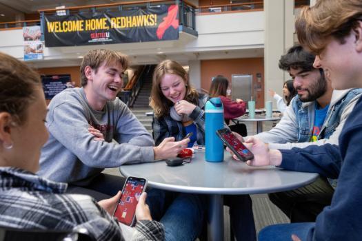 first day students laughing at table at Albers