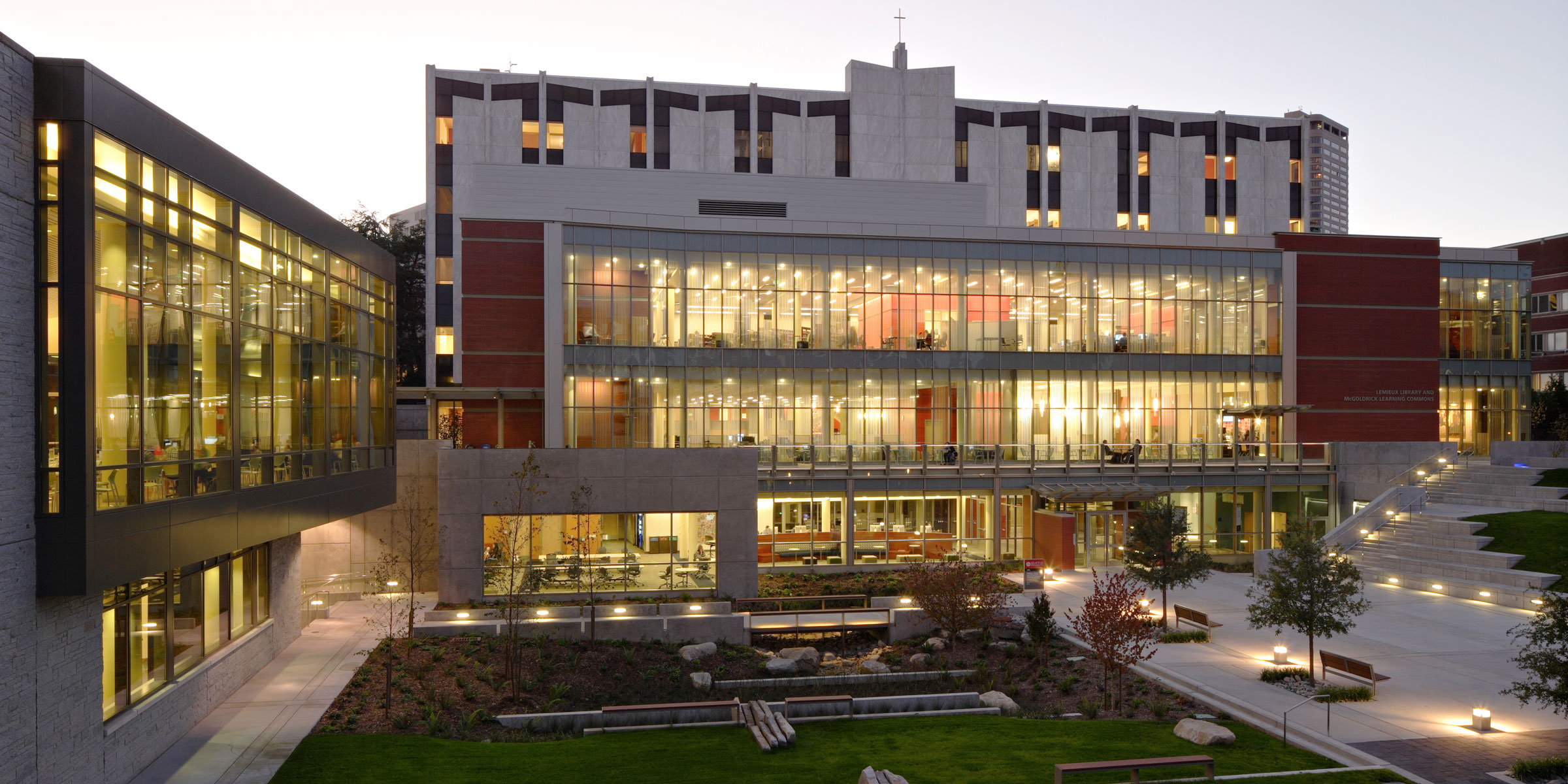 Lemieux Library and Plaza at dusk