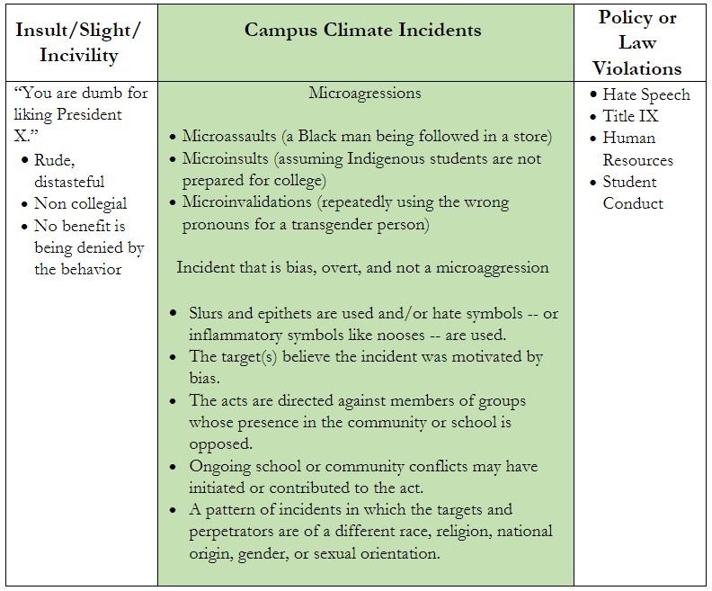 A chart illustrating three categories - Insult/Slight/Incivility: for example a rude comment such as 