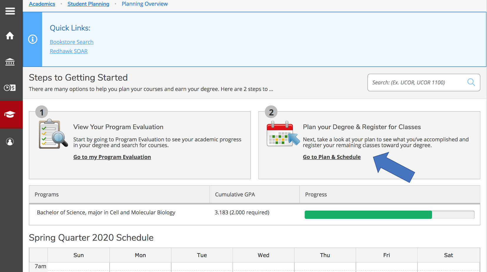 Student Planning homescreen. Select plan and schedule