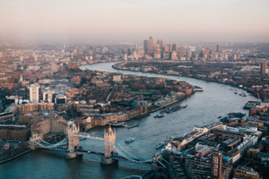 Aerial view of the Thames River and Tower Bridge