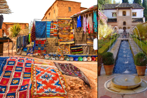 Collage of two photos, on the left a marketplace in Morocco and on the right the Alhambra in Granada