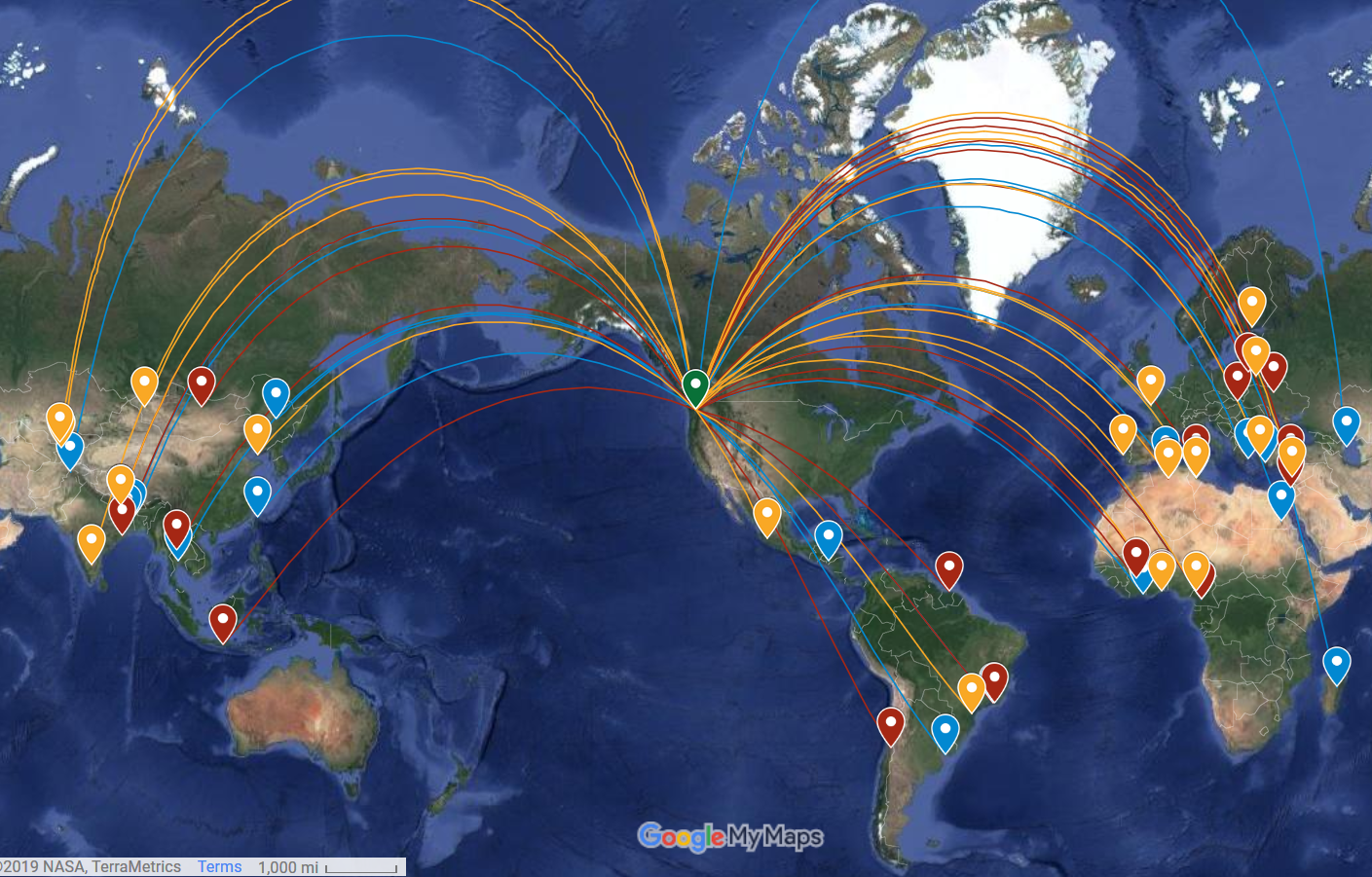 Google Map illustrating the home countries of all SUSI participants over three years