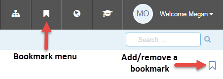 Screen shot of icon in navigation menu to access the bookmark menu, and icon to add/remove a bookmark