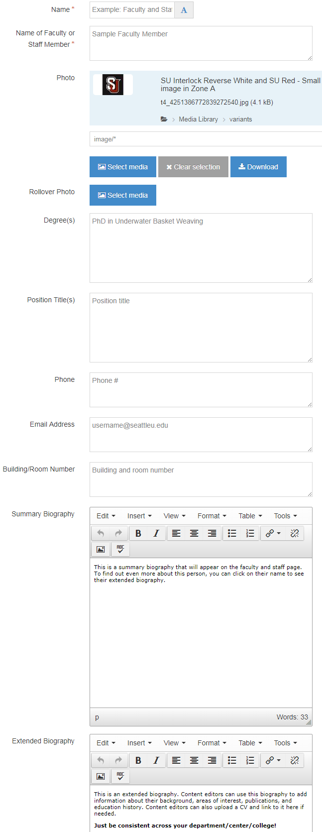 Screen shot of Faculty and Staff Bio Content Type