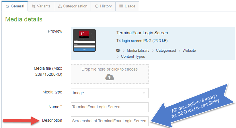 Screen shot showing where and how to add an 'alt' description to an image in the T4 Media Library