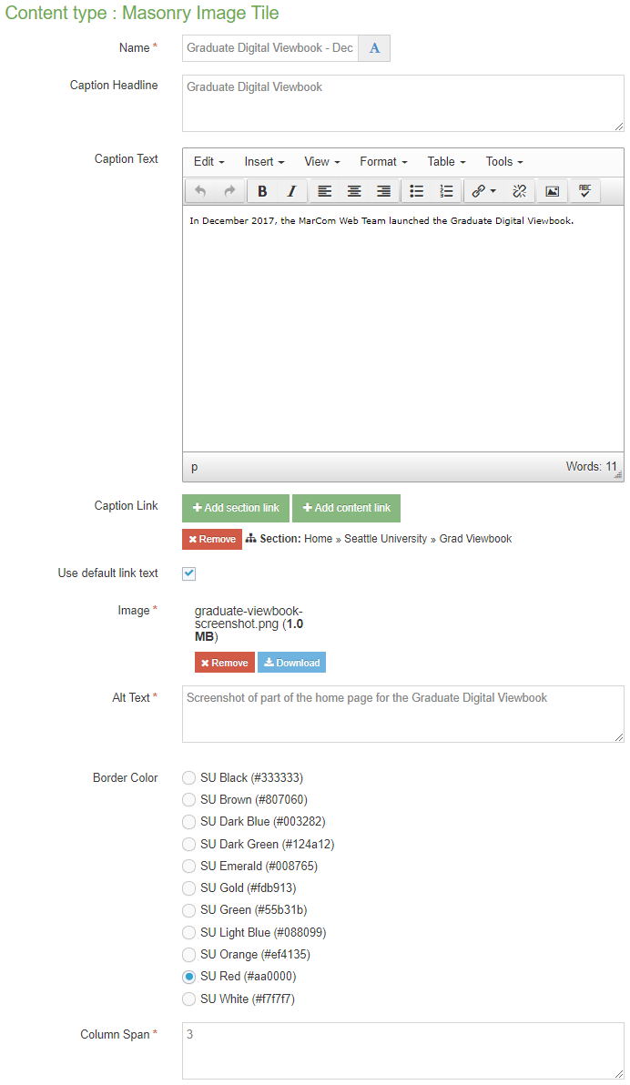 Screenshot of how to configure the masonry image tile content type