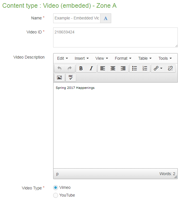 Screen shot of Video embedded Zone A Content Type