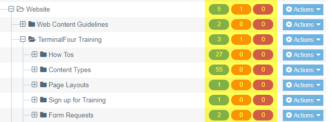 Screenshot of how to see at a glance how many content items are approved, pending, or inactive in the Site Structure