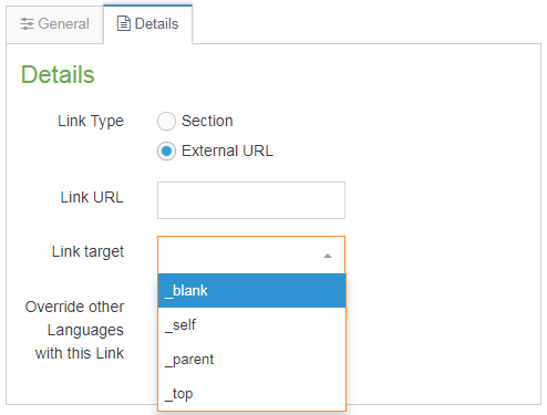 Screenshot showing how to add an external link to a navigation menu